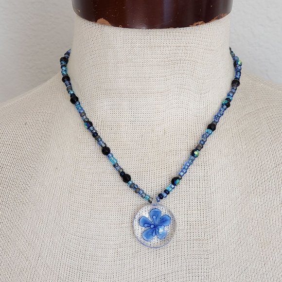 Art Glass Blue Flower Pendant Beaded Necklace - Picture 3 of 4